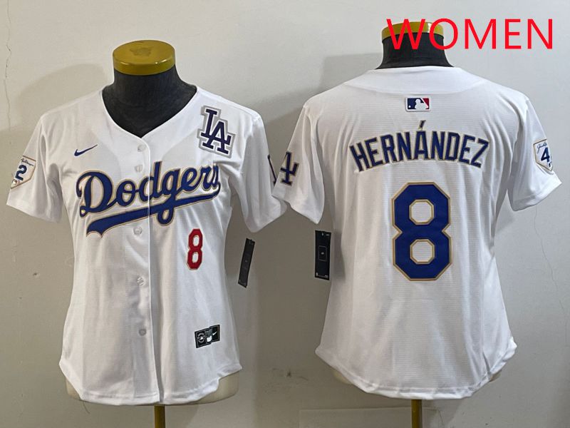 Women Los Angeles Dodgers #8 Hernandez White Gold Game 2025 Nike MLB Jersey style 4